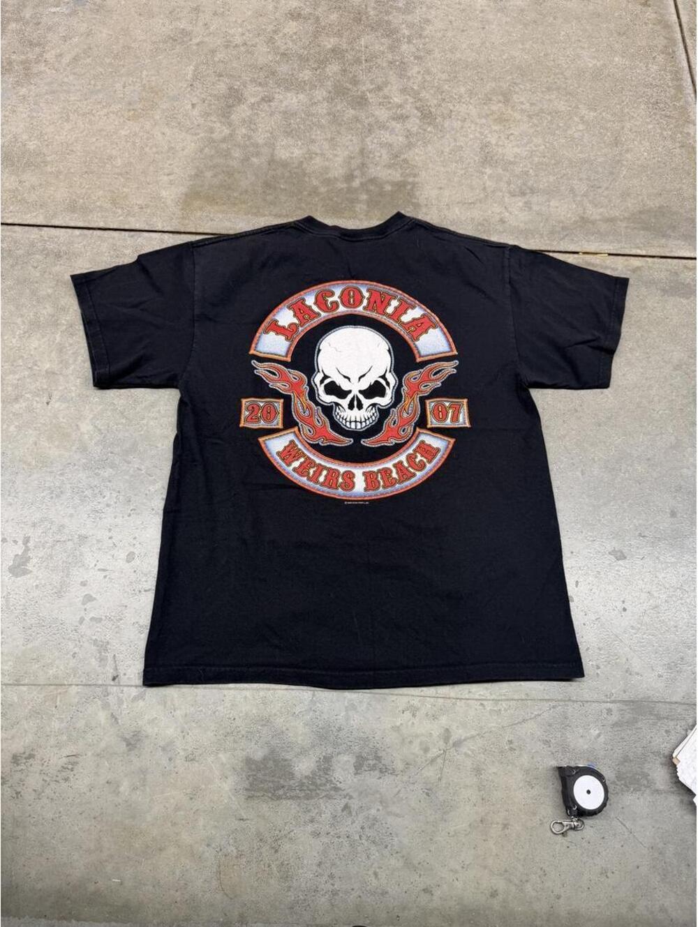 vintage laconia weirs beach bike week black skull flame shirt size large